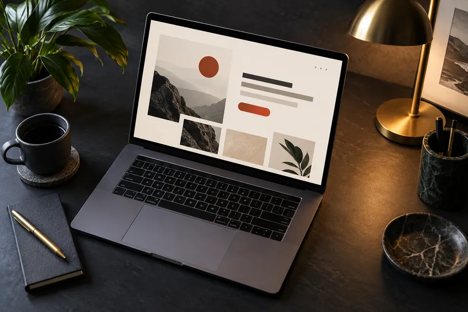 Laptop with a focused landing-page layout and a single red action button.