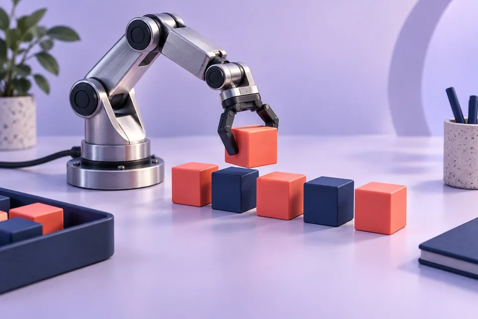 A mechanical arm arranging coloured blocks into an organised sequence.
