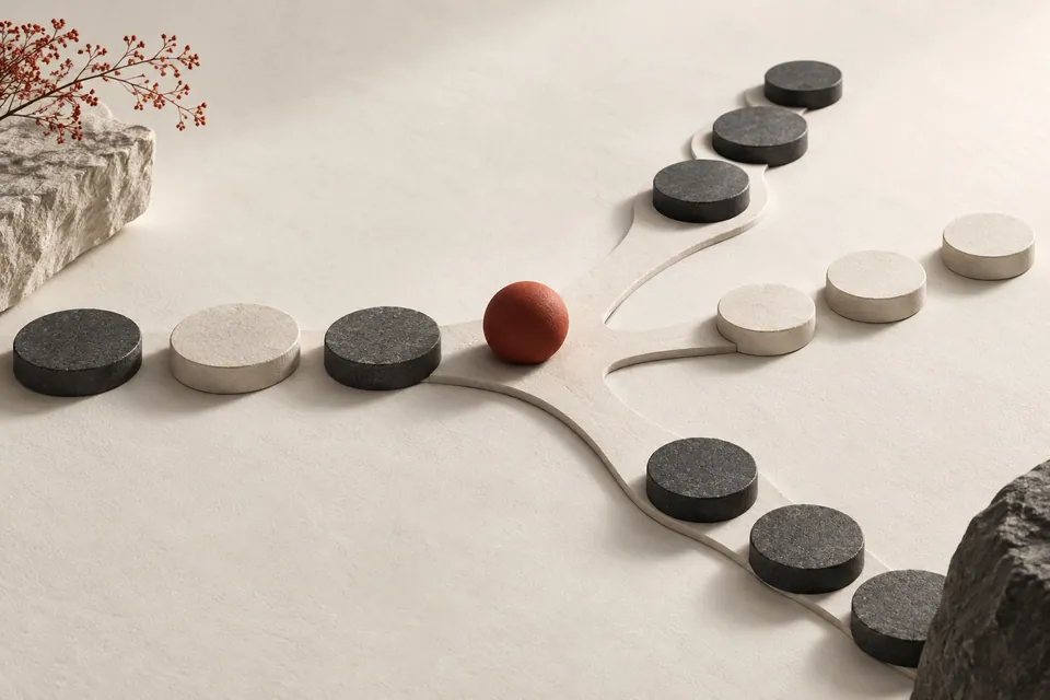 Branching stone paths and a red sphere at a decision point.