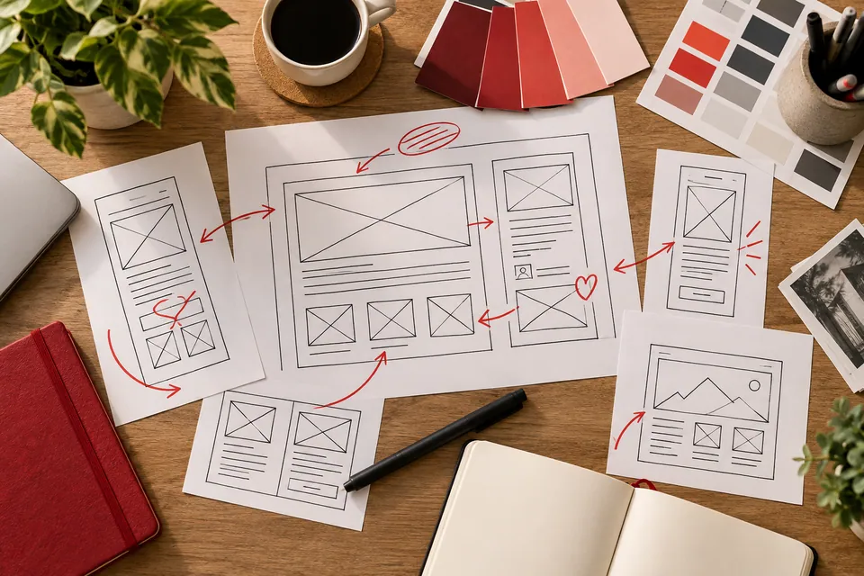 Website wireframe sketches, colour samples and a notebook on a designer’s desk.