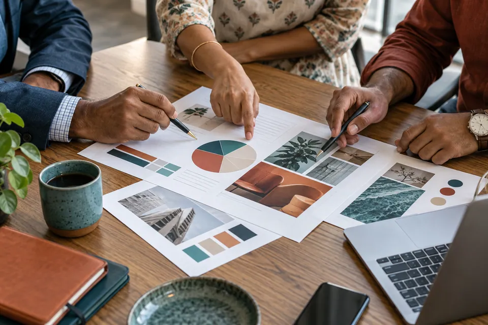 Business collaborators reviewing design sheets together at a meeting table.
