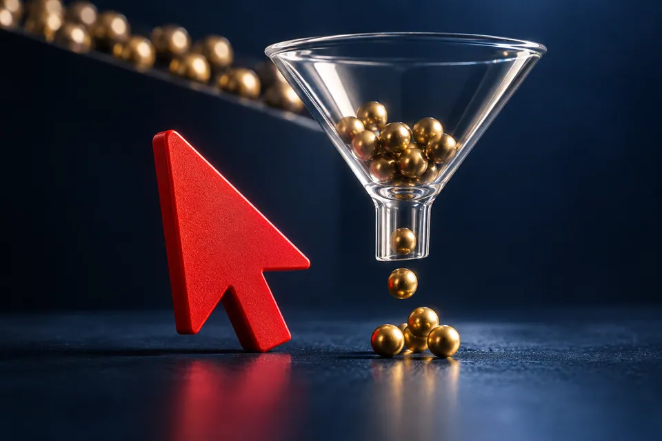 Red cursor beside a glass funnel and brass spheres, illustrating how clicks become qualified actions.
