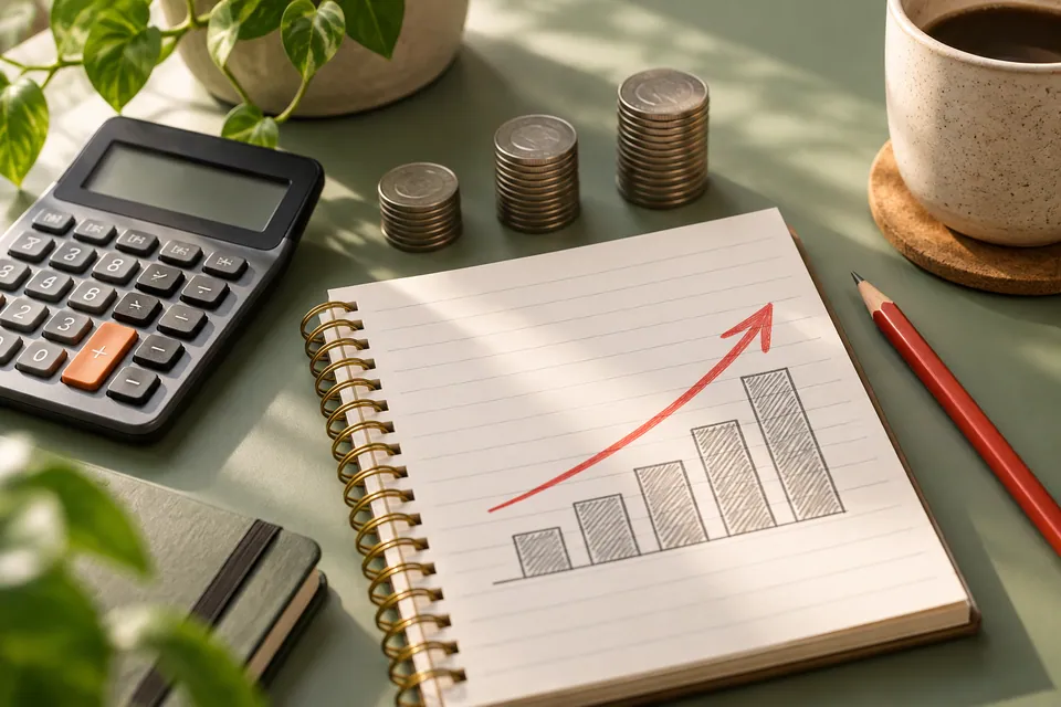 Calculator, coins and a planning notebook on a sage desk.