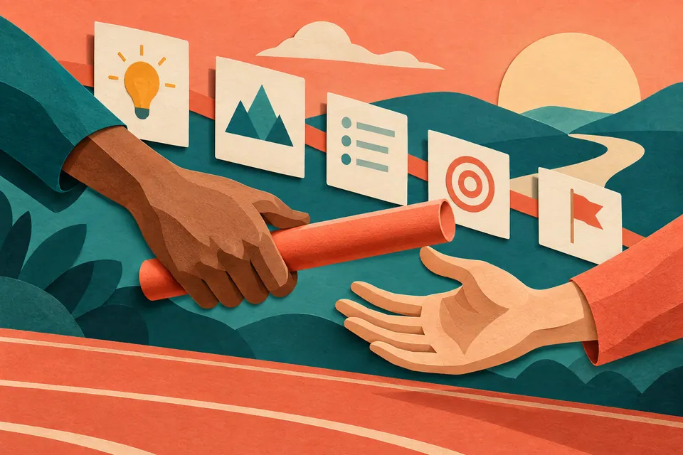 A baton passing between two hands with message cards behind them.