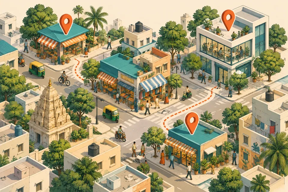 Illustrated shops and offices linked by location pins and dotted paths.