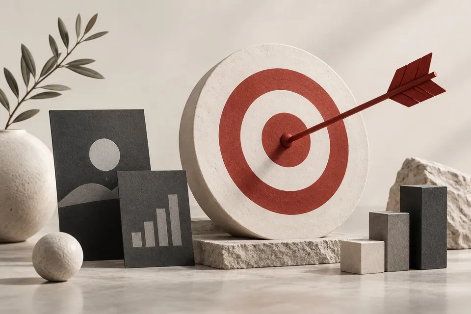 A target, arrow and planning blocks representing a focused marketing plan.
