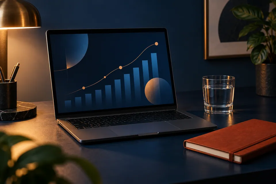 Laptop with abstract reporting charts beside a notebook on a dark desk.