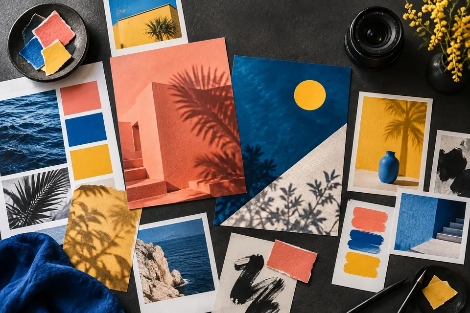 Contrasting creative moodboards arranged on a studio desk for comparison.