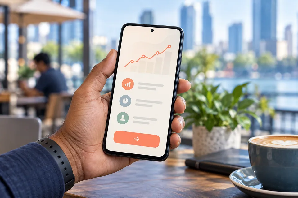 A hand holding a phone with a clear mobile website interface.