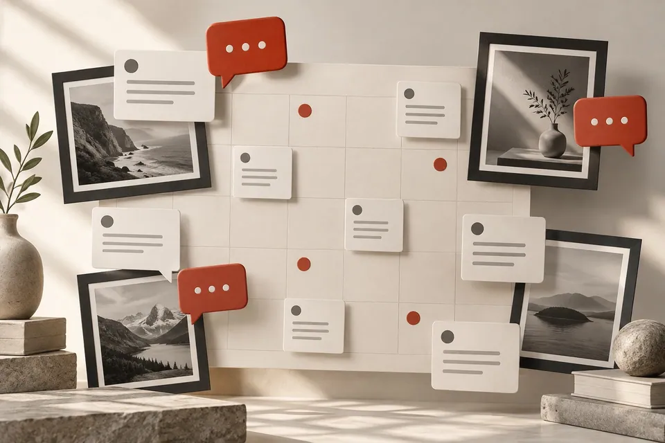 A network of conversation and content cards representing connected communication.