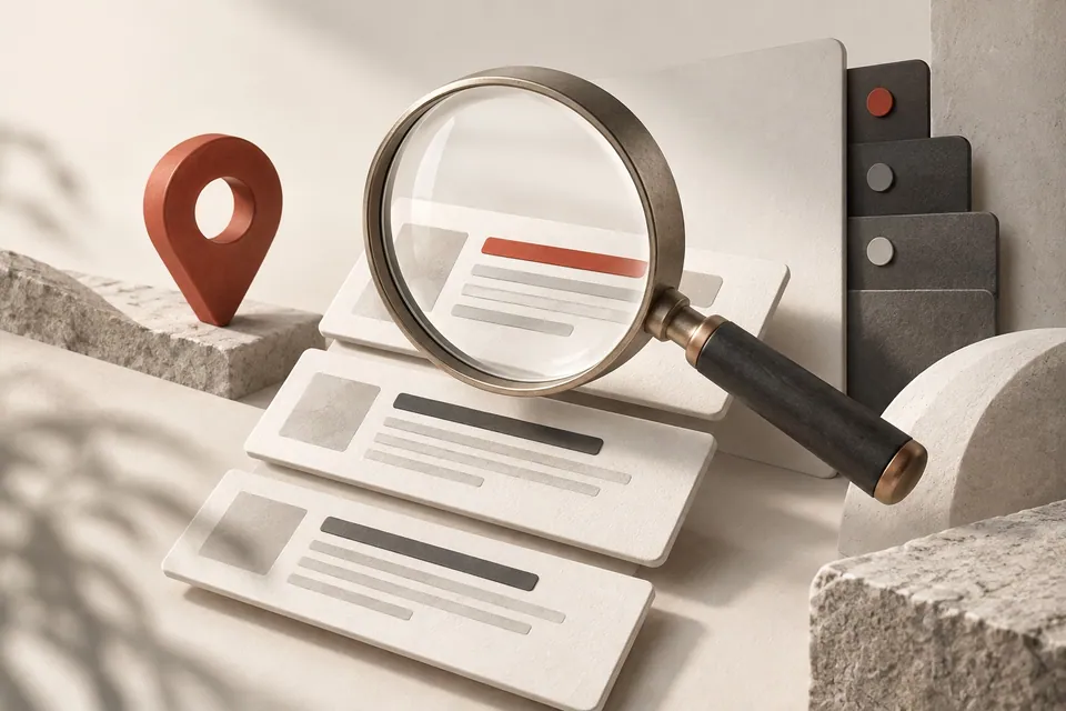 Magnifying glass over search cards beside a location pin.