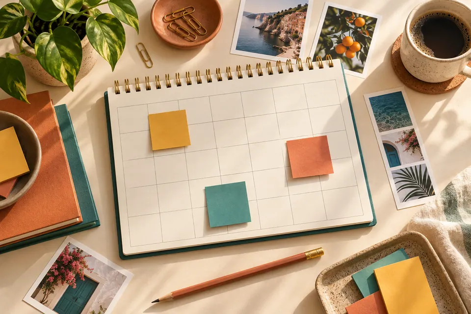 Content planner with colourful notes and photo sheets on a sunlit desk.