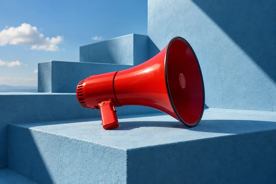 Red megaphone on a pale blue platform, representing a clearly communicated offer.